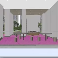 Modern Lobby Interior Featuring Wooden Ceiling Large Windows Sofa Tables And Cylindrical Stools