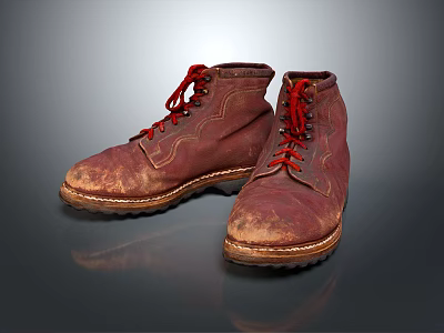 High Top Shoes with Red Laces Brown Upper Worn Out Look and Treaded Brown Sole Design 3d model