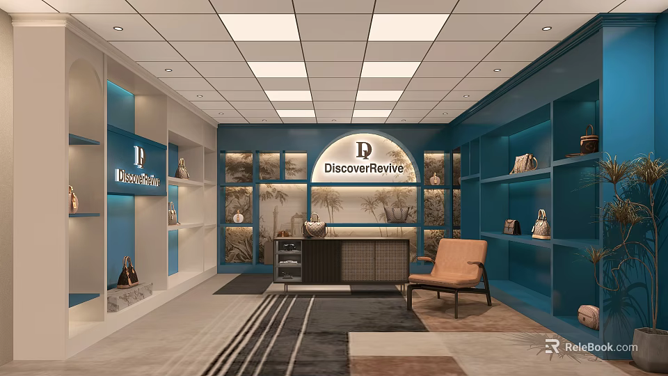 DiscoverPrivee Boutique Interior With Blue Shelves Reception Desk And Decorative Plants 3d model 