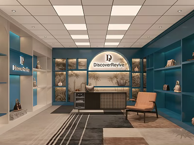 DiscoverPrivee Boutique Interior With Blue Shelves Reception Desk And Decorative Plants 3d model