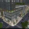 Modern Multistory Commercial Building With Glass Facade Along Street With Pedestrians Vehicles And Greenery