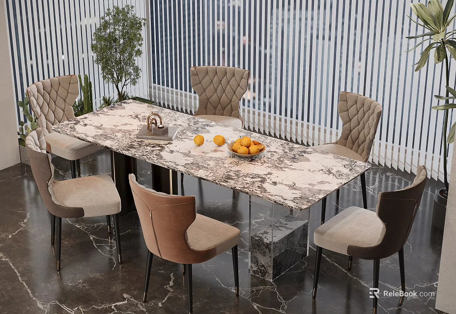 Modern Interior Dining Table Set With Marble Top Upholstered Chairs Fruit Bowl And Lemons 3d model 