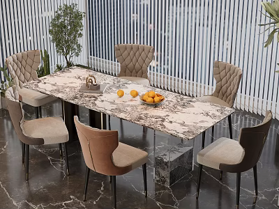 Modern Interior Dining Table Set With Marble Top Upholstered Chairs Fruit Bowl And Lemons 3d model