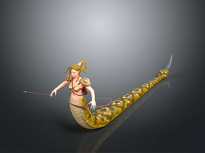 Mythical Female Game Character With Golden Hair Armor And Snake Body Holding Spear 3d model