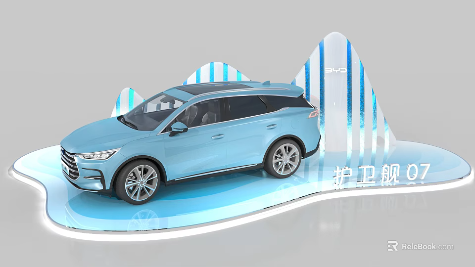 Frigate 07 Blue SUV Display On Modern Platform With Mountain Shaped Decorations 3d model 