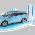 Frigate 07 Blue SUV Display On Modern Platform With Mountain Shaped Decorations