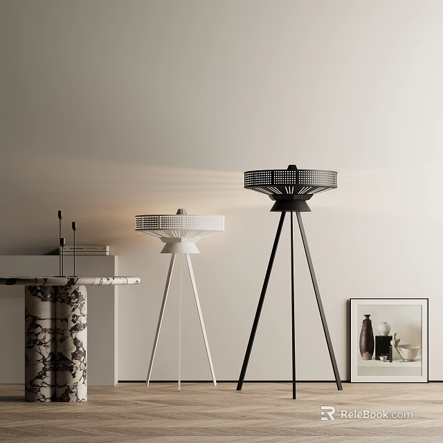 Modern Black White Floor Lamps With Tripod Bases And Grid Shades 3d model 