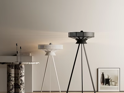 Modern Black White Floor Lamps With Tripod Bases And Grid Shades 3d model