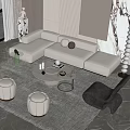 Beige L shaped Sofa and Circular Coffee Table Set with Stools Accent Chair Marble Wall 3d model