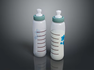 Two White Baby Bottles With Green Lids Blue Flower Patterns And Measurement Lines 3d model
