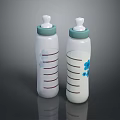 Two White Baby Bottles With Green Lids Blue Flower Patterns And Measurement Lines