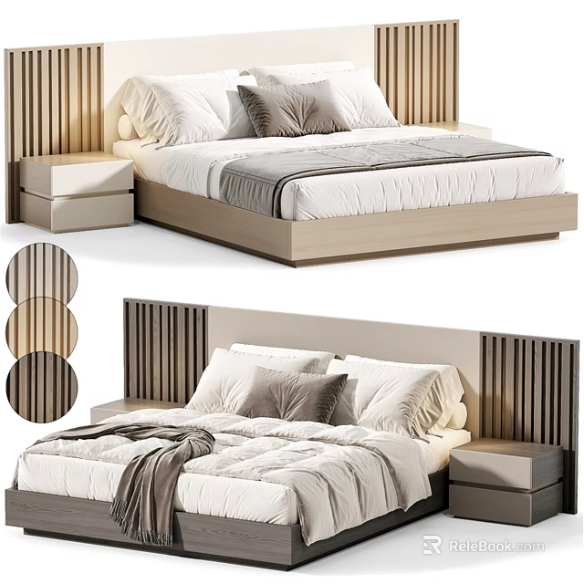 Modern Double Bed With Wooden Slat Headboard Nightstand White Sheets And Gray Pillows 3d model 