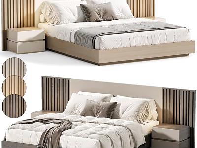 Modern Double Bed With Wooden Slat Headboard Nightstand White Sheets And Gray Pillows 3d model