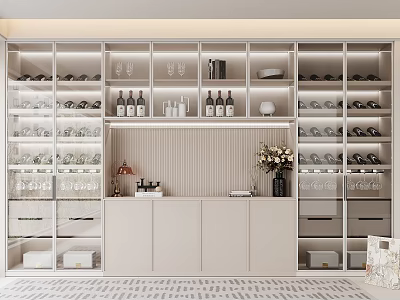 Elegant Modern Sideboard with Glass Doors Wine Racks Drawers and Decorative Glassware 3d model