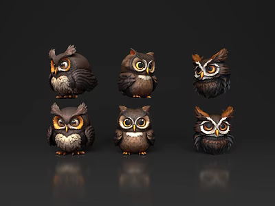 Six Cute Owl Figurines with Different Poses Decorative Heads and Expressions 3d model