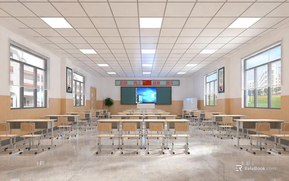 Spacious School Classroom With Desks Chairs Blackboard Projector Screen Windows And Lighting 3d model 