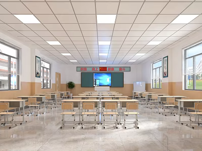 Spacious School Classroom With Desks Chairs Blackboard Projector Screen Windows And Lighting 3d model
