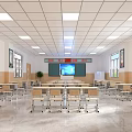 Spacious School Classroom With Desks Chairs Blackboard Projector Screen Windows And Lighting 3d model
