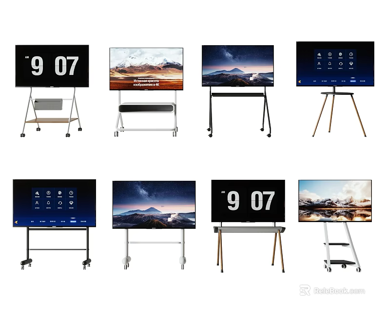 Multiple Mobile TVs with Rolling Stands and Various Display Screens Showing Time and Landscapes 3d model 