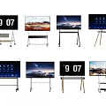 Multiple Mobile TVs with Rolling Stands and Various Display Screens Showing Time and Landscapes