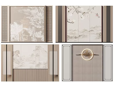 Traditional Chinese Sofa Background Wall With Landscape Painting Floral Motifs And Circular Decor 3d model