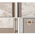 Traditional Chinese Sofa Background Wall With Landscape Painting Floral Motifs And Circular Decor