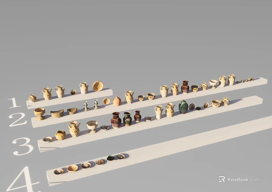 Ceramic Vessels on Display Arranged in Numbered Rows 1 to 4 with Styles and Sizes 3d model 