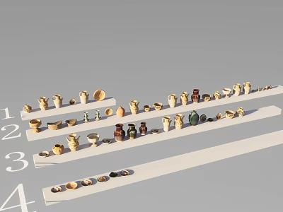 Ceramic Vessels on Display Arranged in Numbered Rows 1 to 4 with Styles and Sizes 3d model