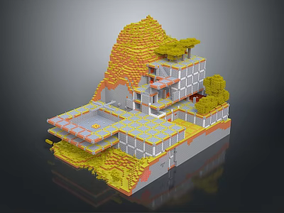 Modern 3D Model Architecture On Mountain Like Terrain With Yellow Hillside And Green Trees 3d model