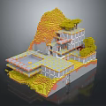 Modern 3D Model Architecture On Mountain Like Terrain With Yellow Hillside And Green Trees