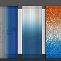 Glass Room Dividers With Blue Gradient Grid And Golden Textured Panels