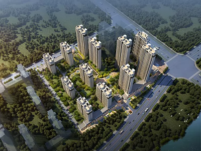 Residential Area Aerial View Planning With High Rise Buildings Green Spaces And River 3d model