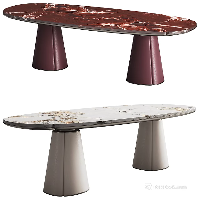 Modern Dining Table With Red White Marble Tabletop And Conical Colored Legs 3d model 