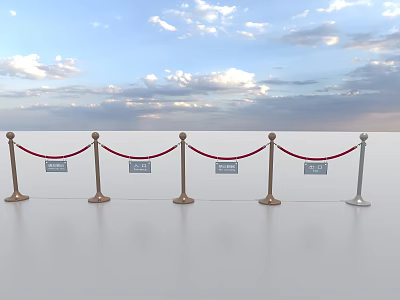 Red Rope Barriers With Gold And White Stanchions On White Floor Under Sky 3d model