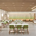 Modern Open Restaurant Interior With Wooden Ceiling White Tables And Green Cushions