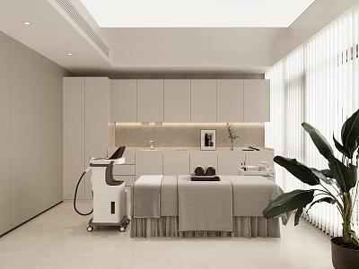 Modern Beauty Salon Treatment Room With Bed Equipment White Cabinets And Green Plant 3d model
