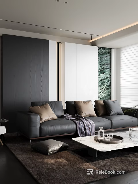Modern Living Room Interior With Black Leather Sofa Pillows Coffee Table And Marble Wall 3d model 