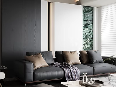 Modern Living Room Interior With Black Leather Sofa Pillows Coffee Table And Marble Wall 3d model