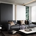 Modern Living Room Interior With Black Leather Sofa Pillows Coffee Table And Marble Wall