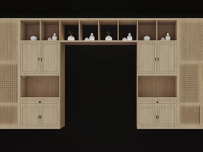 Natural Wooden Decorative Cabinet With Multiple Shelves Doors And White Ornaments 3d model
