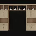 Natural Wooden Decorative Cabinet With Multiple Shelves Doors And White Ornaments