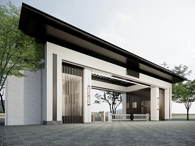 Modern Chinese Style Entrance Gate With White Walls Black Roof And Wooden Lattice Surrounding Trees 3d model