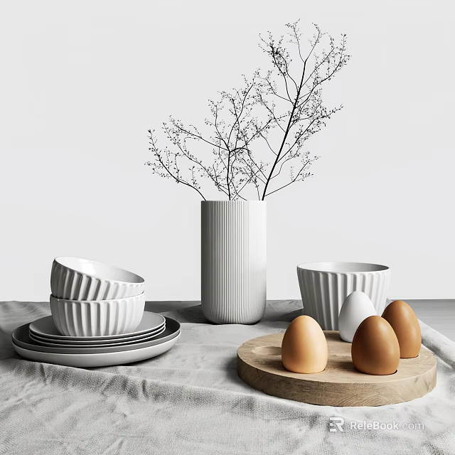 White Ceramic Tableware Set with Bowls Plates Textured Vase and Eggs on Linen Wood Tray 3d model 