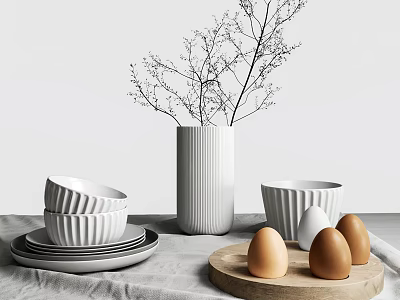 White Ceramic Tableware Set with Bowls Plates Textured Vase and Eggs on Linen Wood Tray 3d model