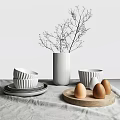 White Ceramic Tableware Set with Bowls Plates Textured Vase and Eggs on Linen Wood Tray