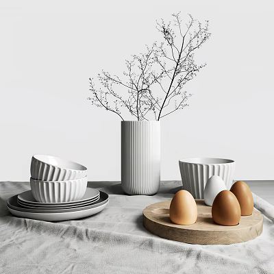 White Ceramic Tableware Set with Bowls Plates Textured Vase and Eggs on Linen Wood Tray 3d model