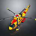 Yellow And Red Rescue Helicopter With Rotor Blades And Emergency Equipment