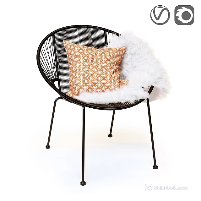 Stylish Black Metal Wire Frame Accent Chair with Orange Patterned and White Furry Cushions 3d model 