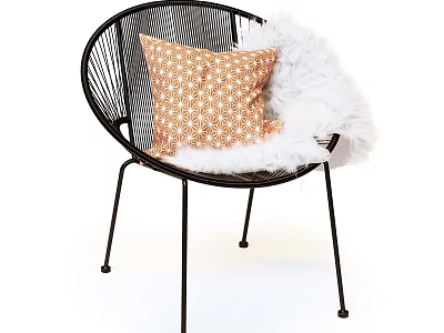 Stylish Black Metal Wire Frame Accent Chair with Orange Patterned and White Furry Cushions 3d model