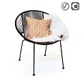 Stylish Black Metal Wire Frame Accent Chair with Orange Patterned and White Furry Cushions